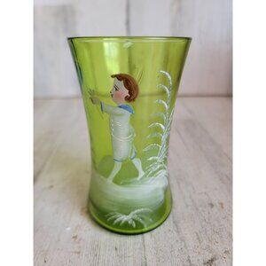 Mary Gregory green glass cup boy flower painted collectible vintage